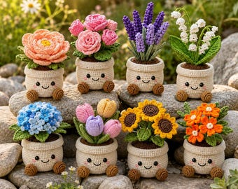 Paquete de patrones de amigurumis "Amigos de macetas" de ganchillo, 8 diseños (PDF)