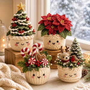 May include: Four crocheted amigurumi decorations in cream-colored pots with embroidered faces. The set includes a Christmas tree with a star, a red poinsettia, a candy cane and gingerbread heart arrangement, and a reindeer with a small bird.