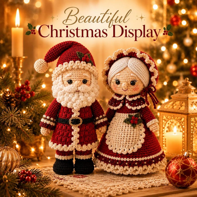 Puede incluir: Dos mu&ntilde;ecos de ganchillo que representan a Santa Claus y la Se&ntilde;ora Claus, con hilo rojo y blanco, botas negras y detalles intrincados. El texto "Beautiful Christmas Display" es visible en la parte superior. Las figuras est&aacute;n hechas con puntos texturizados.