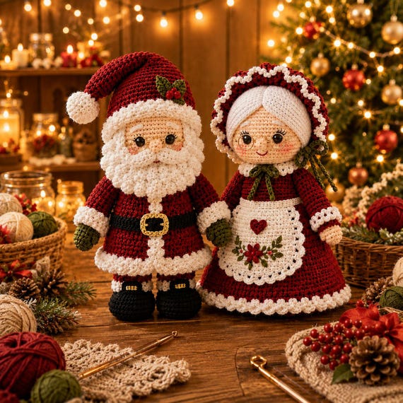 Santa Mrs. Claus Amigurumi Pattern, Festive Christmas Crochet Doll Pair, Digital PDF Tutorial
