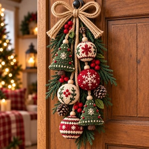 May include: A Christmas door swag featuring crocheted ornaments in red, green, and cream. The arrangement includes crocheted Christmas trees, round baubles with snowflake patterns, pinecones, and red berries, all tied together with a thick jute rope bow.
