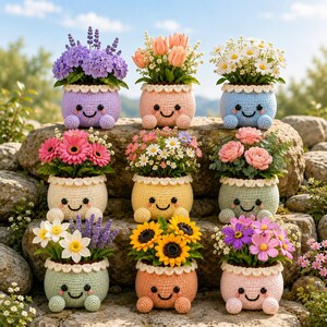 Puede incluir: Nueve macetas de ganchillo con caras sonrientes, cada una con un arreglo diferente de flores artificiales coloridas que incluyen lavanda, tulipanes, margaritas, girasoles y rosas, dispuestas en una cuadrícula sobre rocas.