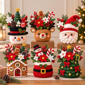 May include: Six crocheted Christmas decorations featuring a snowman in a top hat, a reindeer, Santa Claus, a gingerbread house, a snowman in a Santa suit, and a Christmas tree, all adorned with red poinsettias, candy canes, and pine branches.