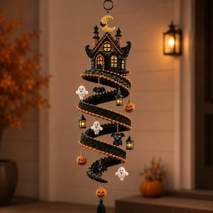 May include: A hanging spiral decoration featuring a dark crochet structure topped with a yellow crescent moon. The spiral is adorned with small crocheted ghosts, orange pumpkins, black bats, a black cat, and miniature lanterns with warm glowing lights.