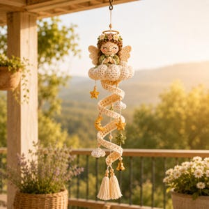 Può includere: Una decorazione sospesa all'uncinetto raffigurante un angelo con corona di fiori e aureola, appoggiato su una nuvola. Una struttura a spirale scende dalla nuvola, decorata con piccole stelle, una mezzaluna, nuvolette e un campanellino dorato.
