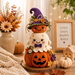 May include: A stacked crochet decoration featuring an orange jack-o'-lantern base, a white ghost with a purple bow tie in the middle, and a small orange pumpkin wearing a purple witch hat with a wooden button and twine bow on top.