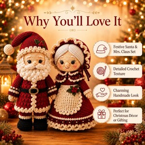 Puede incluir: Dos mu&ntilde;ecos de ganchillo, Santa Claus y la Sra. Claus, con trajes de hilo rojo y blanco. Santa lleva un abrigo rojo con ribete blanco. La Sra. Claus lleva un gorro, vestido rojo y delantal blanco. Texto: Why You'll Love It, Festive Santa & Mrs. Claus Set, Detailed Crochet Texture, Charming Handmade Look, Perfect for Christmas D&eacute;cor or Gifting.
