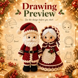 Puede incluir: Dos mu&ntilde;ecos de ganchillo, Santa Claus y la Se&ntilde;ora Claus, con el texto Drawing Preview y See the design before you start. Los diagramas muestran componentes que incluyen un gorro, barba, cuerpo, cabeza, capota y delantal con etiquetas.