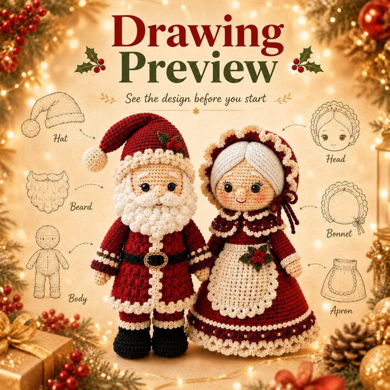 Puede incluir: Dos mu&ntilde;ecos de ganchillo, Santa Claus y la Se&ntilde;ora Claus, con el texto Drawing Preview y See the design before you start. Los diagramas muestran componentes que incluyen un gorro, barba, cuerpo, cabeza, capota y delantal con etiquetas.