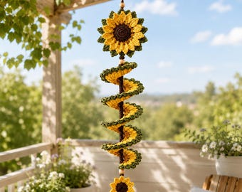 Patrón de ganchillo para molinillo de viento de girasol, decoración floral colgante en PDF, adorno en espiral (descarga digital)