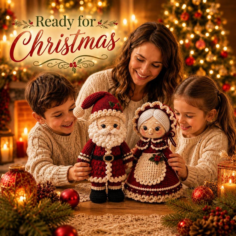 Puede incluir: Dos mu&ntilde;ecos de ganchillo hechos a mano, uno que representa a Santa Claus con un traje rojo y blanco y el otro una figura femenina con un vestido y un gorro a juego, con el texto Ready for Christmas escrito en letra decorativa.