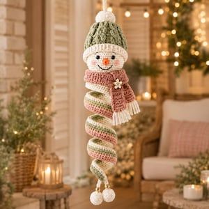 May include: A crocheted spiral snowman ornament featuring a sage green cable-knit style hat with a white pom-pom, a dusty rose scarf with a small flower-shaped button, and a spiralling body in alternating stripes of cream, sage green, and dusty rose.