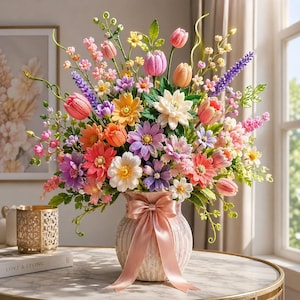 May include: A vibrant floral arrangement featuring a variety of colourful flowers including pink tulips, purple lavender, and white daisies. The flowers are displayed in a ribbed, light-coloured vase adorned with a large, satin pink ribbon bow.