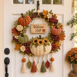 May include: A circular wreath featuring crocheted pumpkins in orange, green, and cream, accented with crocheted flowers, leaves, and berries. A wooden sign hangs in the centre with the text Welcome Fall. Tassels and beads hang from the bottom.