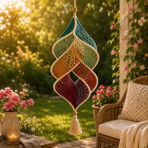 Op de afbeelding: Een hangende spiraalvormige windspinner gemaakt van gehaakt garen in een levendig regenboogverloop van blauwgroen, groen, geel, oranje, rood en paars. Het object heeft een witte gehaakte rand, een houten kraal aan de boven- en onderkant en een kwastje.