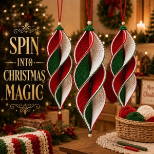 May include: Three hanging spiral ornaments crafted from red, white, and green yarn, featuring a pointed shape with a wooden bead at the top and bottom. The text "SPIN INTO CHRISTMAS MAGIC" is displayed to the left of the ornaments.