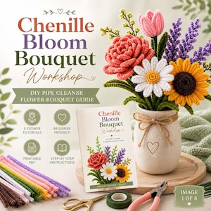 May include: A DIY pipe cleaner flower bouquet kit featuring a guide titled Chenille Bloom Bouquet Workshop, a ceramic vase with a heart icon, colorful pipe cleaners, scissors, and floral tape. The bouquet includes a pink tulip, red rose, white daisy, and yellow sunflower.