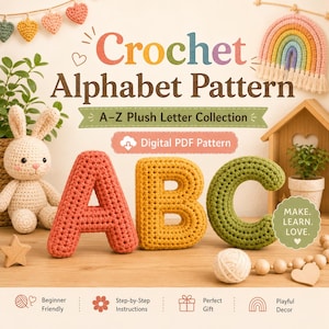 Patrón de alfabeto de ganchillo en PDF, letras de peluche de la A a la Z, decoración 3D para guardería, juguete educativo.