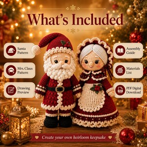 Puede incluir: Dos mu&ntilde;ecos de ganchillo, Santa Claus y la Se&ntilde;ora Claus, con los textos: What's Included, Santa Pattern, Mrs. Claus Pattern, Drawing Preview, Assembly Guide, Materials List, PDF Digital Download y Create your own heirloom keepsake.