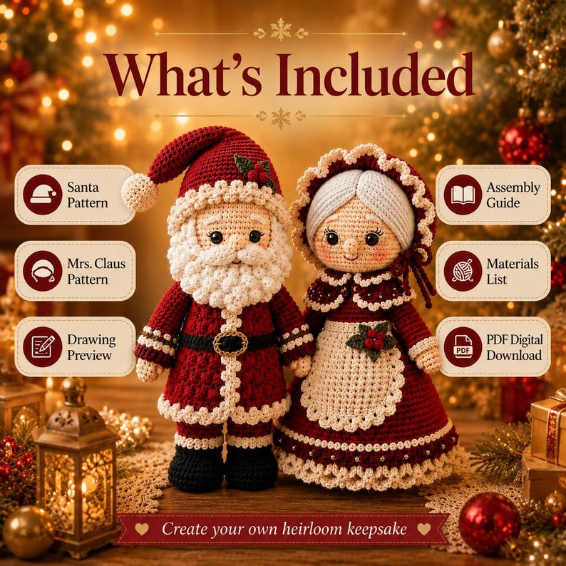 Puede incluir: Dos mu&ntilde;ecos de ganchillo, Santa Claus y la Se&ntilde;ora Claus, con los textos: What's Included, Santa Pattern, Mrs. Claus Pattern, Drawing Preview, Assembly Guide, Materials List, PDF Digital Download y Create your own heirloom keepsake.