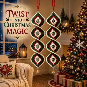 May include: Two hanging spiral ornaments made of crocheted yarn in red, white, and green. Each ornament features a central star pattern and a gold-colored star charm at the bottom. The text "TWIST INTO CHRISTMAS MAGIC" is visible on the left side.