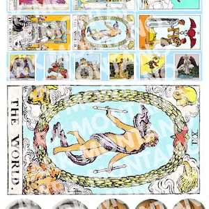 May include: A collection of tarot card images featuring The World, Justice, The High Priestess, Queen of Swords, The Chariot, and The Lovers. The sheet includes various tarot illustrations and five circular eye motifs in black and white and color.