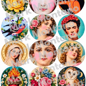 Puede incluir: Una colección de doce pegatinas circulares con diversas ilustraciones que incluyen una peonía amarilla, retratos, un pájaro en una rama, una figura religiosa, un corazón sagrado y un búho, todas con la marca de agua Mark Montano.