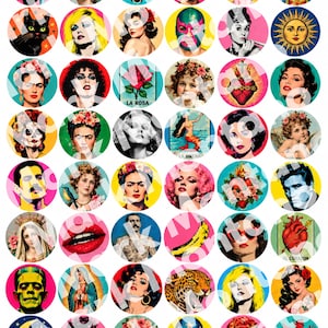 Puede incluir: Una colección de pegatinas circulares con diversos iconos de la cultura pop, figuras religiosas, animales e imágenes simbólicas. La cuadrícula incluye retratos de famosos, máscaras de luchador, motivos florales y corazones anatómicos.