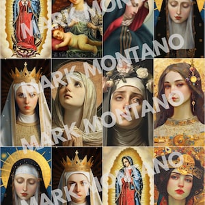 Può includere: Un collage di dodici ritratti religiosi che mostrano varie raffigurazioni della Vergine Maria e altre figure, ognuna con copricapi, aureole e abiti ornati distinti. Il testo MARK MONTANO è sovrapposto al centro dell'immagine.