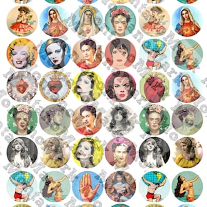 May include: A sheet of circular stickers featuring various vintage-style illustrations. The designs include portraits of Frida Kahlo, Marilyn Monroe, and religious figures, along with images of hands, hearts, and mythological figures. The stickers have a vintage, artistic aesthetic.