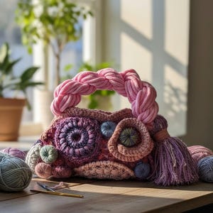 May include: A handmade crochet handbag with a braided pink handle and a decorative tassel. The bag features various crochet patterns in shades of pink, purple, and blue. Yarn and crochet hooks are visible on the wooden surface.
