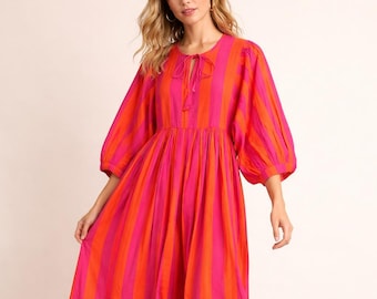 Vestido midi de algodón con cuadros vichy rosas, mangas abullonadas, estilo bohemio cottagecore
