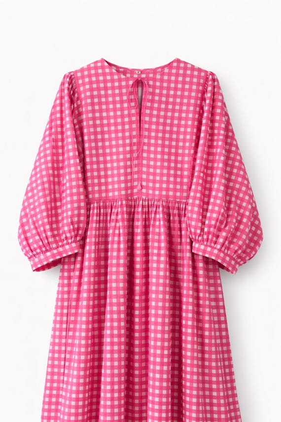 Pink Gingham Cotton Midi Dress, Puff Sleeves, Cottagecore Boho Style