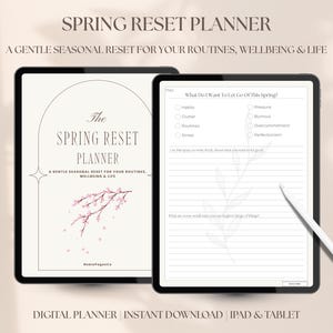 May include: Two digital tablets displaying a "Spring Reset Planner" with a floral design. The text includes "A gentle seasonal reset for your routines, wellbeing & life." One tablet shows a planner page with checkboxes.