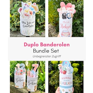 Op de afbeelding: Een collectie cilindervormige papieren wikkels voor chocoladerepen met diverse thema's, waaronder verjaardags-, bruilofts- en schoolmotieven. Elke wikkel toont kleurrijke illustraties van bloemen, taarten, cijfers en teksten zoals Alles Liebe zum Geburtstag, Hochzeit, Happy Birthday en Hurra! Du bist ein Schulkind.