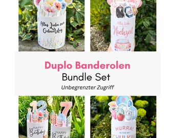 May include: A bundle set of four cylindrical paper wrappers for Duplo chocolate bars, each featuring colorful illustrations of flowers, wedding motifs, birthday cakes, numbers, and school supplies with German text including Alles Liebe zum Geburtstag.