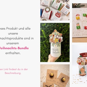 Op de afbeelding: Een collectie kerst-adventskalenders en cadeaupakketten met kleine verpakte chocolaatjes, ge&iuml;llustreerde kaarten met feestelijke motieven en cilindervormige houders versierd met winterse bossc&egrave;nes en de tekst Merry Christmas.