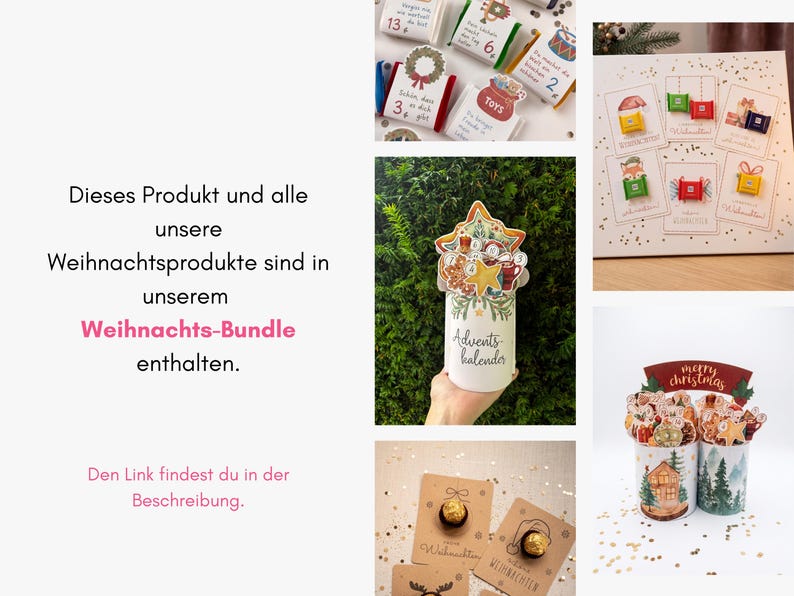 Op de afbeelding: Een collectie kerst-adventskalenders en cadeaupakketten met kleine verpakte chocolaatjes, ge&iuml;llustreerde kaarten met feestelijke motieven en cilindervormige houders versierd met winterse bossc&egrave;nes en de tekst Merry Christmas.