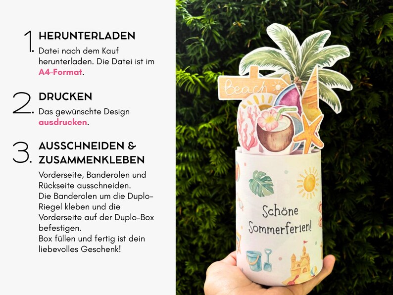 May include: A cylindrical paper box with a summer theme featuring a palm tree, coconut drink, and starfish topper. The box displays the text 'Sch&ouml;ne Sommerferien!' and illustrations of a sandcastle, bucket, and sun. Instructions for assembly are listed.