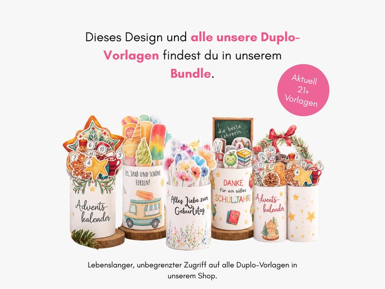 May include: A collection of five cylindrical containers decorated with various colorful illustrations, including holiday themes, flowers, and school supplies, with German text printed on each, displayed on small wooden circular bases.