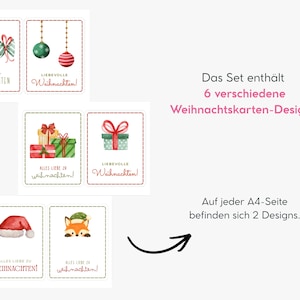 Op de afbeelding: Een set van zes kerstkaarten met aquarelillustraties van snoep, kerstballen, cadeaus, een kerstmuts en een vos. De tekst bevat "sch&ouml;ne WEIHNACHTEN", "LIEBEVOLLE Weihnachten!", "ALLES LIEBE ZU weihnachten!" en "LIEBEVOLLE Weihnachten!".