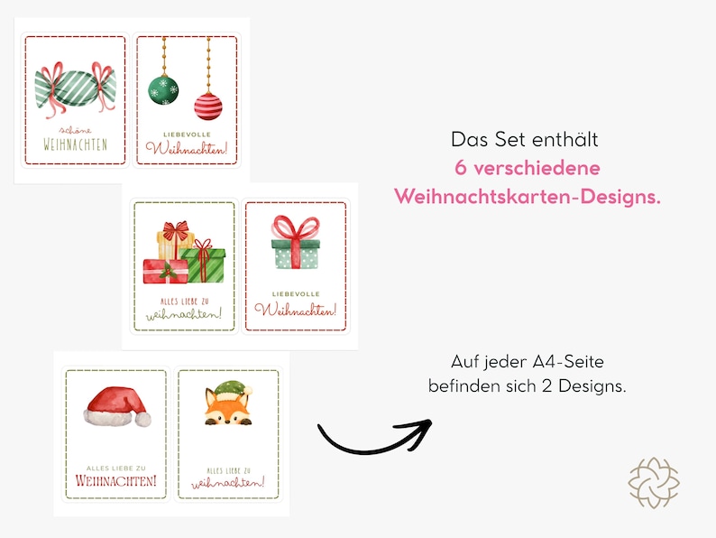 Op de afbeelding: Een set van zes kerstkaarten met aquarelillustraties van snoep, kerstballen, cadeaus, een kerstmuts en een vos. De tekst bevat "sch&ouml;ne WEIHNACHTEN", "LIEBEVOLLE Weihnachten!", "ALLES LIEBE ZU weihnachten!" en "LIEBEVOLLE Weihnachten!".