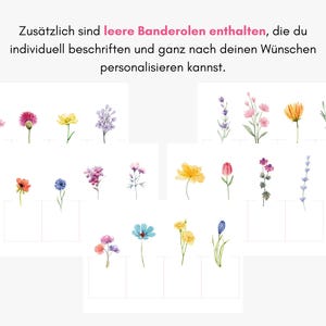 Puede incluir: Una colecci&oacute;n de bandas de papel con ilustraciones en acuarela de diversas flores silvestres, incluyendo flores rosas, amarillas, azules y moradas. Cada banda incluye un espacio rectangular blanco en blanco para escribir y personalizar.