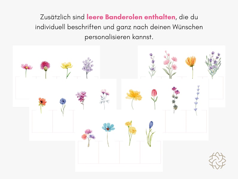 Puede incluir: Una colecci&oacute;n de bandas de papel con ilustraciones en acuarela de diversas flores silvestres, incluyendo flores rosas, amarillas, azules y moradas. Cada banda incluye un espacio rectangular blanco en blanco para escribir y personalizar.