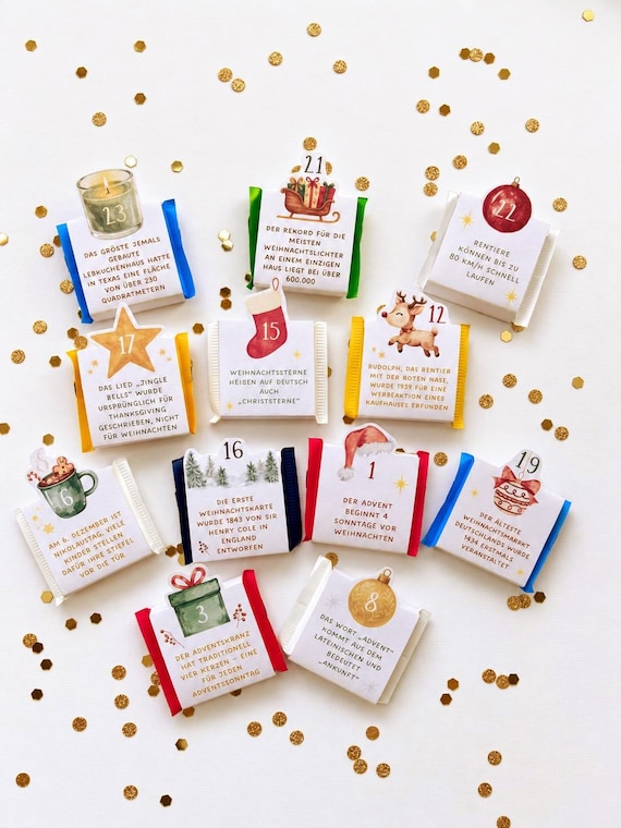 Mini Ritter Sport Adventskalender mit 24 Weihnachtsfakten, Diy Weihnachtsgeschenk, Vorlage zum Ausdrucken, Weihnachten Geschenk