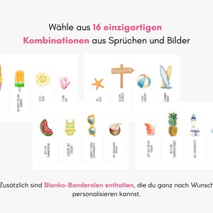 May include: A collection of sixteen cards featuring watercolor illustrations of summer items like ice cream, a sun, a beach sign, a surfboard, a pineapple, and a lighthouse, with German text captions below each icon and blank labels included.
