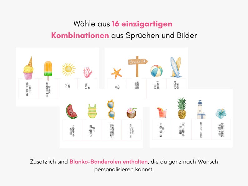 May include: A collection of sixteen cards featuring watercolor illustrations of summer items like ice cream, a sun, a beach sign, a surfboard, a pineapple, and a lighthouse, with German text captions below each icon and blank labels included.