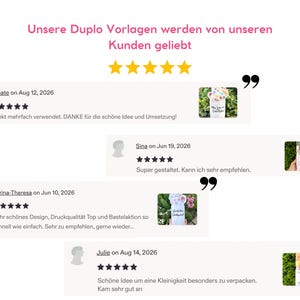 May include: A collection of four customer reviews for Duplo templates, each featuring a five-star rating, a user name, a date, a written comment, and a small thumbnail image of the decorated product, topped with the text Unsere Duplo Vorlagen werden von unseren Kunden geliebt.