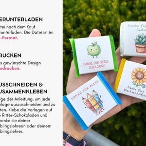 Op de afbeelding: Drie kleine rechthoekige chocoladeverpakkingen met gekleurde randen en illustraties van een appel, een vetplant en potloden. De tekst bevat 'DANKE F&Uuml;R DIESES SCHULJAHR!', 'Danke f&uuml;r deine Geduld', 'DANKE F&Uuml;R ALLES' en 'Danke f&uuml;rs Wachsenhelfen'.