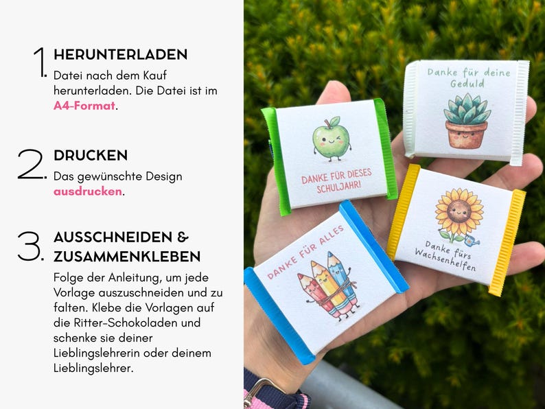 Op de afbeelding: Drie kleine rechthoekige chocoladeverpakkingen met gekleurde randen en illustraties van een appel, een vetplant en potloden. De tekst bevat 'DANKE F&Uuml;R DIESES SCHULJAHR!', 'Danke f&uuml;r deine Geduld', 'DANKE F&Uuml;R ALLES' en 'Danke f&uuml;rs Wachsenhelfen'.